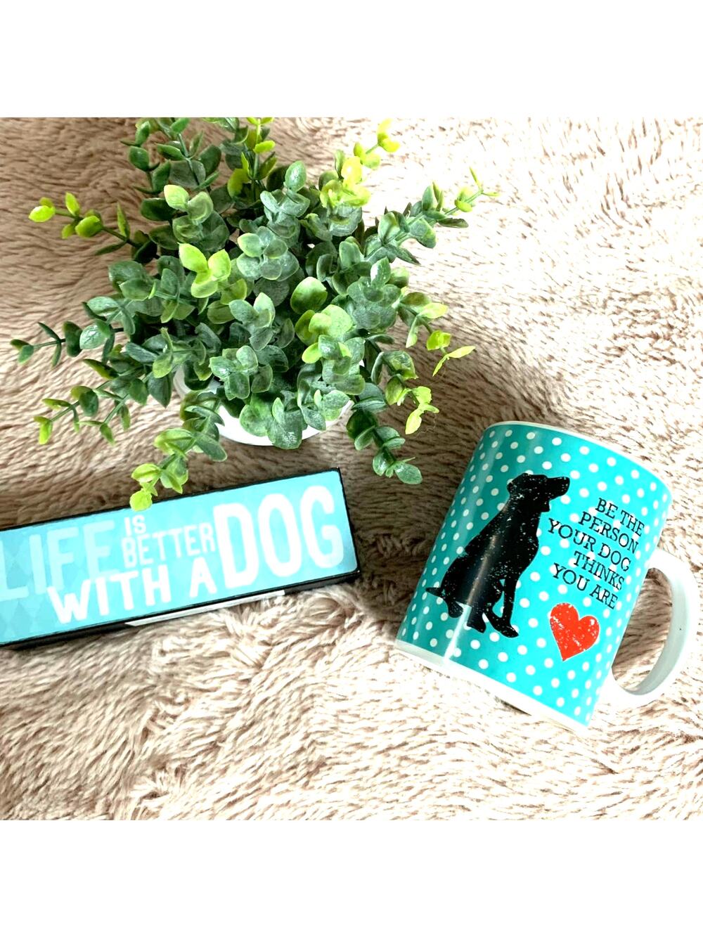 Dog Lover Pet Bundle Blue Polka Dot Mug & Life Is Better With A Dog Block Sign